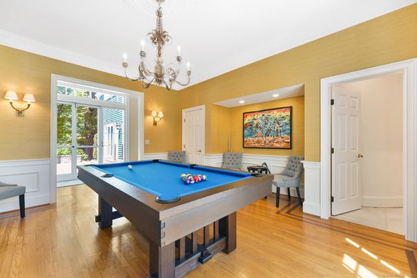 Billiard Table, Chandelier, Game Room, Interior, Recessed Lighting, Wood Texture Flooring