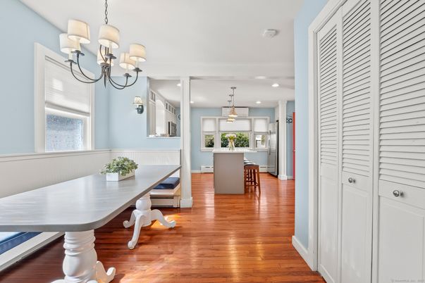 Chandelier, Dining room, Interior, Pendant Lights, Recessed Lighting, Wood Texture Flooring
