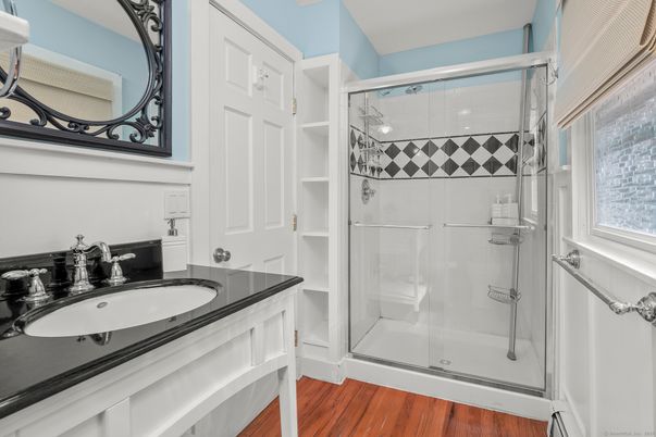 Bathroom, Glass Shower, Interior, Wood Texture Flooring