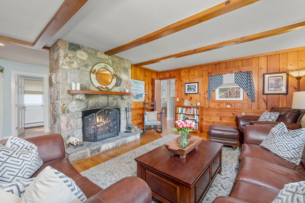 Fireplace, Interior, Living room, Recessed Lighting, Stone Walls, Wooden Beams, Wood Texture Flooring, Wooden Walls