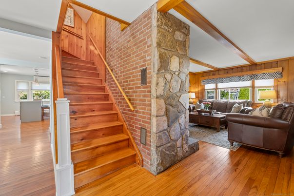 Fireplace, Interior, Living room, Pendant Lights, Stone Walls, Wooden Beams, Wood Texture Flooring