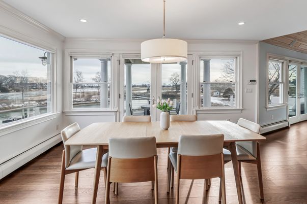 Dining room, Interior, Pendant Lights, Recessed Lighting, Wood Texture Flooring