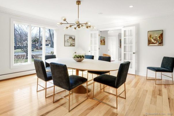 Dining room, Interior, Pendant Lights, Recessed Lighting, Wood Texture Flooring