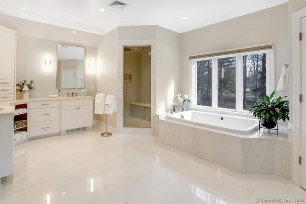 Bathroom, Dual Sink Vanities, Glass Shower, Interior, Marble, Recessed Lighting