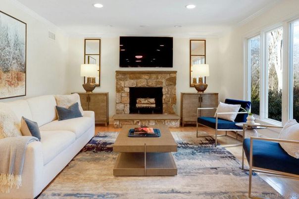Fireplace, Interior, Living room, Recessed Lighting, Wood Texture Flooring