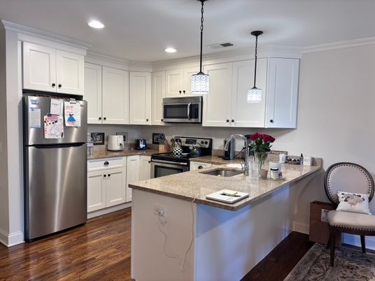 Interior, Kitchen, Pendant Lights, Recessed Lighting, Wood Texture Flooring