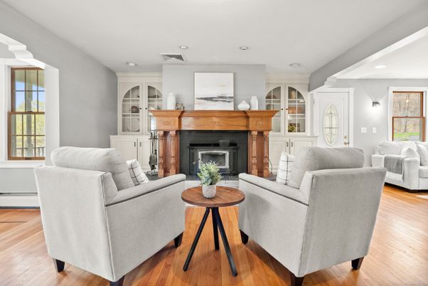 Fireplace, Interior, Living room, Recessed Lighting, Wood Texture Flooring