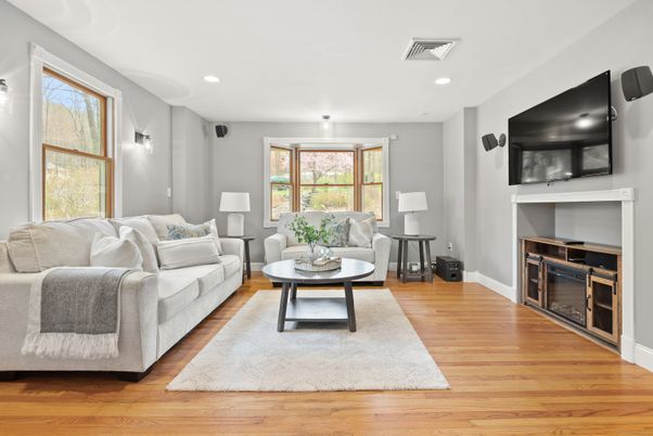 Fireplace, Interior, Living room, Recessed Lighting, Wood Texture Flooring
