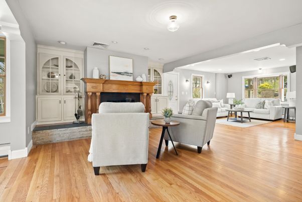 Fireplace, Interior, Living room, Recessed Lighting, Wood Texture Flooring