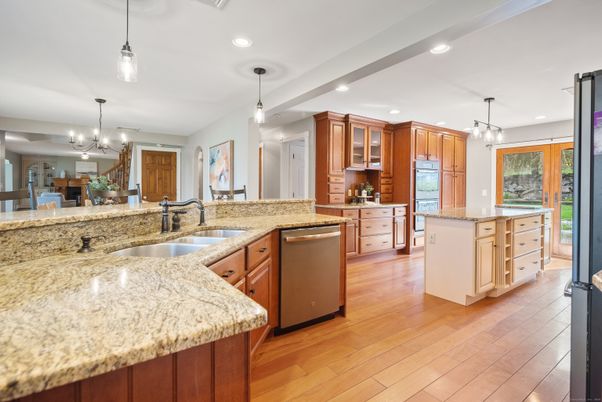 Chandelier, Interior, Kitchen, Pendant Lights, Recessed Lighting, Wood Texture Flooring