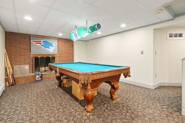 Billiard Table, Fireplace, Game Room, Interior, Recessed Lighting, Stone Walls