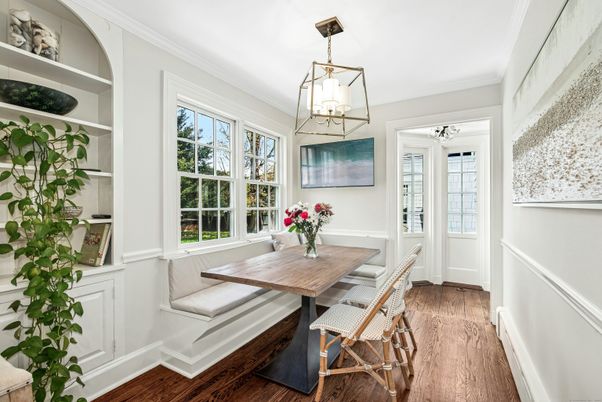 Dining room, Interior, Pendant Lights, Wood Texture Flooring