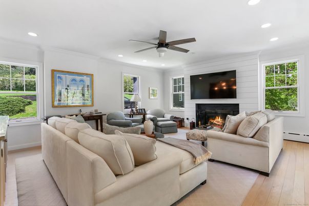 Fireplace, Interior, Living room, Recessed Lighting, Wood Texture Flooring