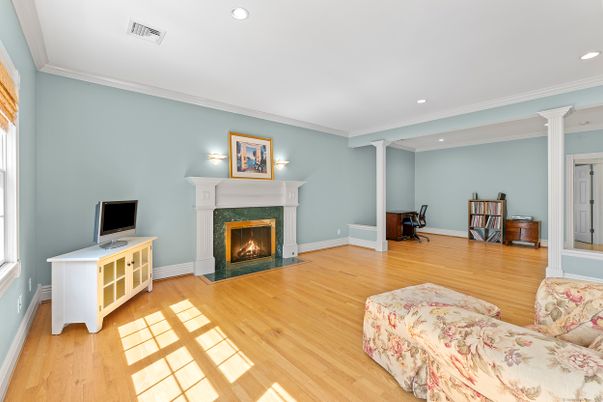 Fireplace, Interior, Recessed Lighting, Wood Texture Flooring