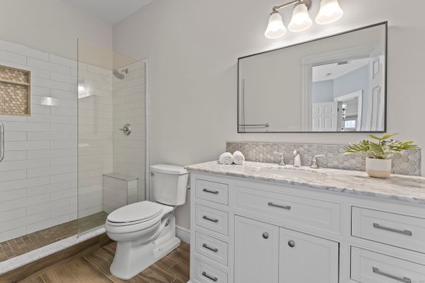 Bathroom, Glass Shower, Interior, Wood Texture Flooring