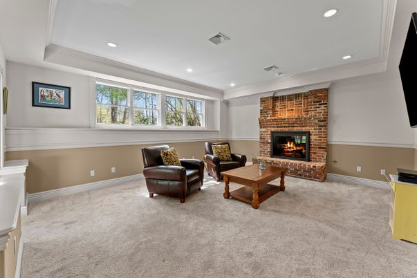 Fireplace, Interior, Living room, Recessed Lighting, Stone Walls