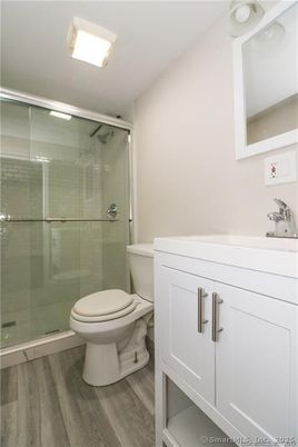 Bathroom, Glass Shower, Interior, Wood Texture Flooring