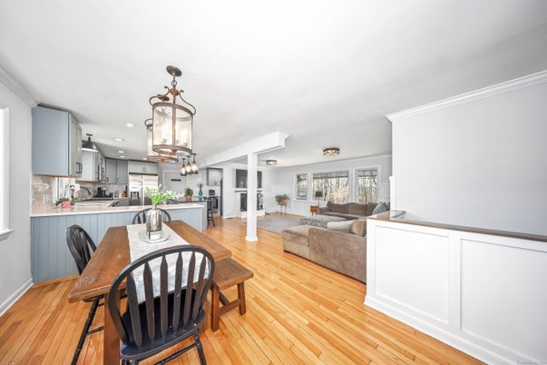 Dining room, Interior, Kitchen, Living room, Pendant Lights, Recessed Lighting, Wood Texture Flooring