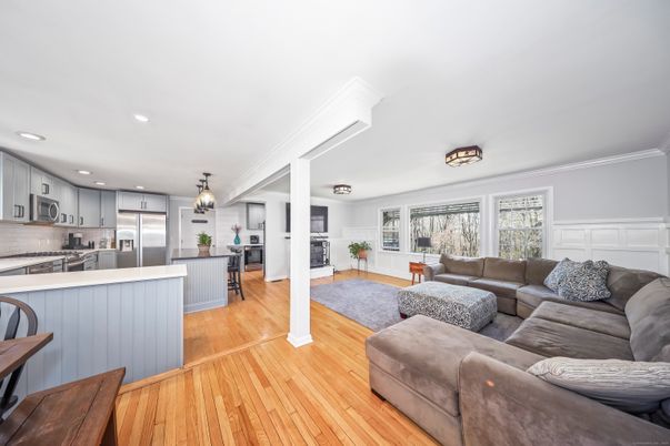 Interior, Kitchen, Living room, Pendant Lights, Recessed Lighting, Stainless Steel Appliances, Wood Texture Flooring