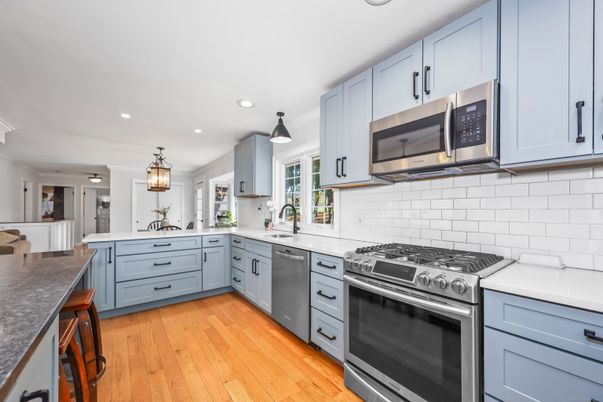 Interior, Kitchen, Pendant Lights, Recessed Lighting, Stainless Steel Appliances, Wood Texture Flooring