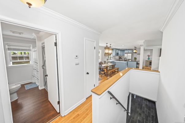 Bathroom, Chandelier, Interior, Kitchen, Recessed Lighting, Wood Texture Flooring