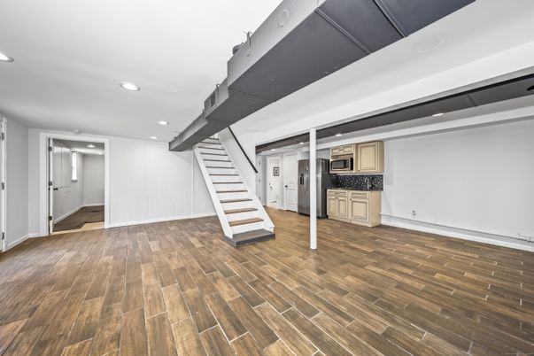 Empty room, Interior, Kitchen, Recessed Lighting, Wood Texture Flooring