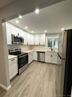 Interior, Kitchen, Recessed Lighting, Stainless Steel Appliances, Wood Texture Flooring
