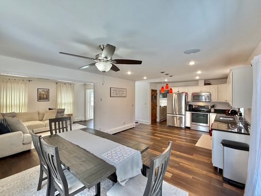 Dining room, Interior, Kitchen, Living room, Recessed Lighting, Stainless Steel Appliances, Wood Texture Flooring