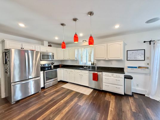 Interior, Kitchen, Pendant Lights, Recessed Lighting, Stainless Steel Appliances, Wood Texture Flooring