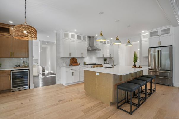 Interior, Kitchen, Pendant Lights, Recessed Lighting, Stainless Steel Appliances, Wood Texture Flooring
