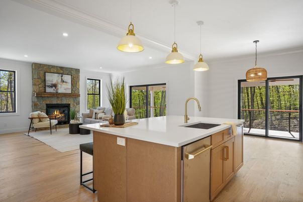 Fireplace, Interior, Kitchen, Living room, Pendant Lights, Recessed Lighting, Stone Walls, Wood Texture Flooring