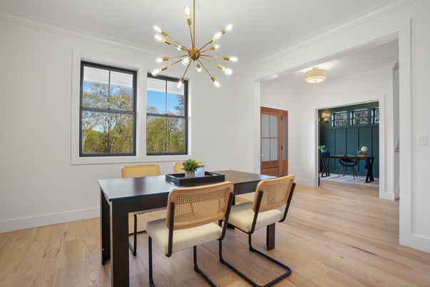 Dining room, Interior, Pendant Lights, Wood Texture Flooring