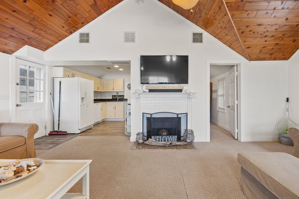 Fireplace, Interior, Kitchen, Recessed Lighting, Wooden Ceilings, Wood Texture Flooring