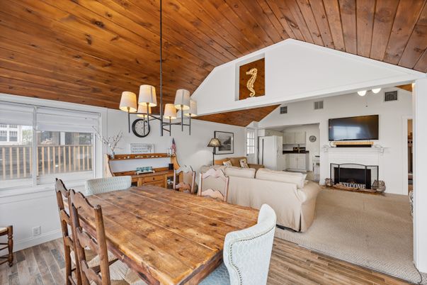 Chandelier, Dining room, Fireplace, Interior, Living room, Wooden Ceilings, Wood Texture Flooring