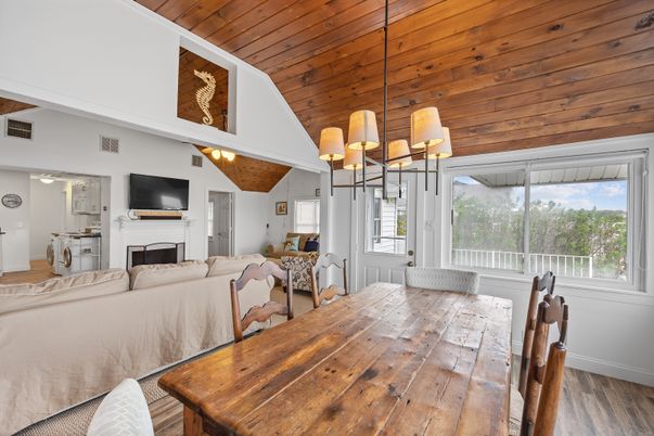 Chandelier, Dining room, Fireplace, Interior, Living room, Wooden Ceilings, Wood Texture Flooring
