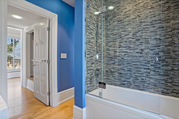 Bathroom, Glass Shower, Interior, Recessed Lighting, Wood Texture Flooring