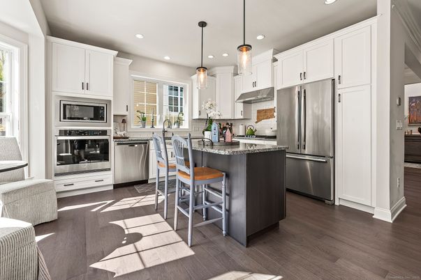Interior, Kitchen, Pendant Lights, Recessed Lighting, Stainless Steel Appliances, Wood Texture Flooring
