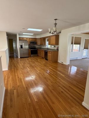 Chandelier, Interior, Kitchen, Stainless Steel Appliances, Wood Texture Flooring