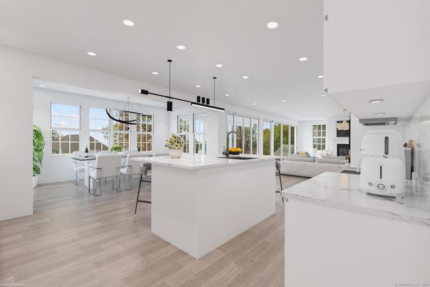 Dining room, Fireplace, Interior, Kitchen, Living room, Pendant Lights, Recessed Lighting, Wood Texture Flooring