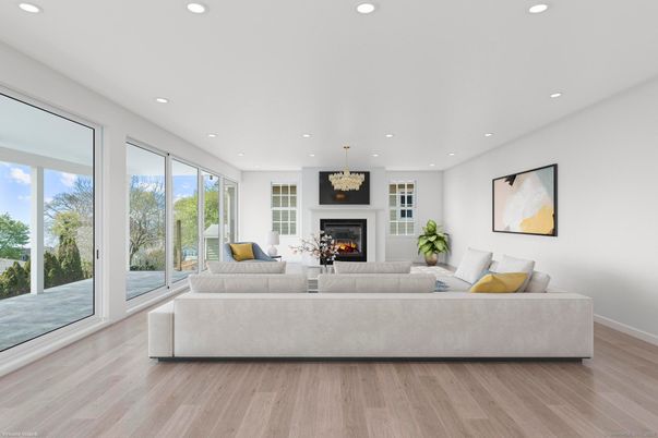 Chandelier, Fireplace, Interior, Living room, Recessed Lighting, Wood Texture Flooring