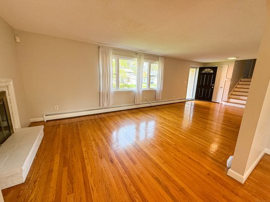 Empty room, Fireplace, Interior, Recessed Lighting, Wood Texture Flooring