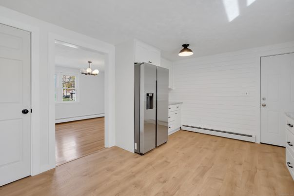 Chandelier, Empty room, Interior, Kitchen, Stainless Steel Appliances, Wood Texture Flooring