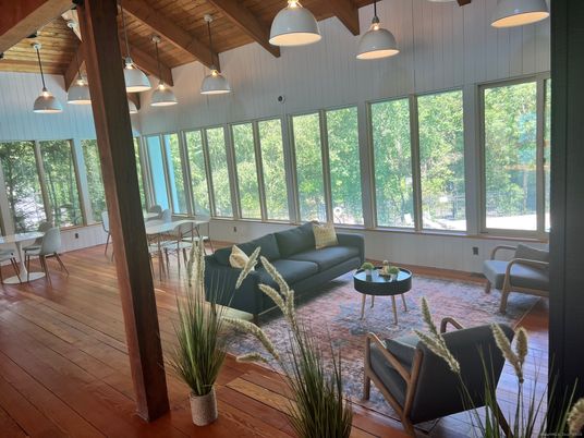 Dining room, Interior, Living room, Pendant Lights, Sun Room, Wooden Beams, Wooden Ceilings, Wood Texture Flooring