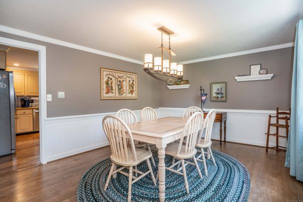 Dining room, Interior, Pendant Lights, Wood Texture Flooring