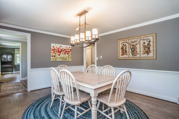 Chandelier, Dining room, Interior, Wood Texture Flooring