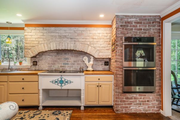 Interior, Kitchen, Pendant Lights, Recessed Lighting, Stainless Steel Appliances, Stone Walls, Wood Texture Flooring