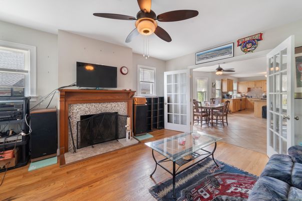 Dining room, Fireplace, Interior, Kitchen, Living room, Wood Texture Flooring