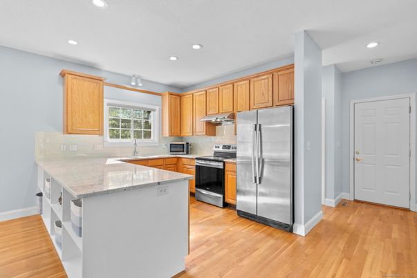 Interior, Kitchen, Recessed Lighting, Stainless Steel Appliances, Wood Texture Flooring
