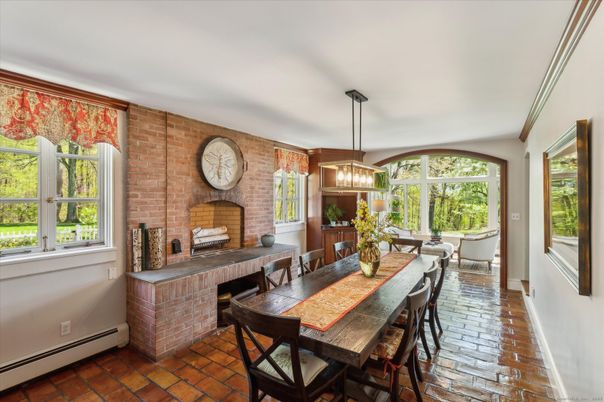 Dining room, Fireplace, Interior, Pendant Lights, Stone Walls