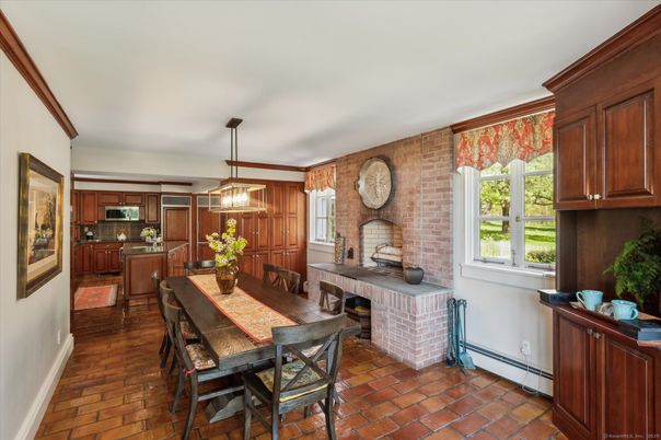 Dining room, Fireplace, Interior, Kitchen, Pendant Lights, Stone Walls